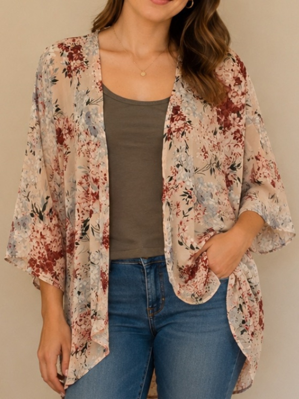 Floral Kimono Lightweight Open Front in Pink, Burgundy & Blue Sz XL